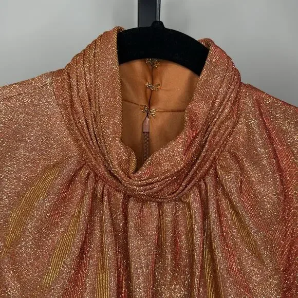NWT IEENA for MAC DUGGAL 11248 Rust Draped Glitter High Neck Puff Sleeve Gown